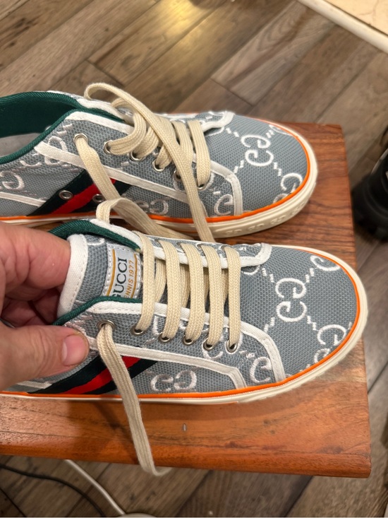 Gucci Other - Gucci Mans tennis 1977 Gray GG Canvas Sneakers with Green Lining and Orange Trim